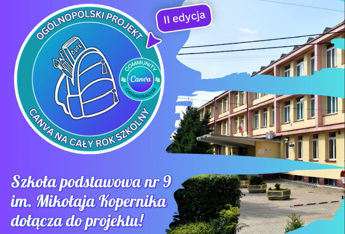 obrazek z łączem do filmiku przedstawiającego szkołę z napisem:  SP 9 przyłącza do projektu