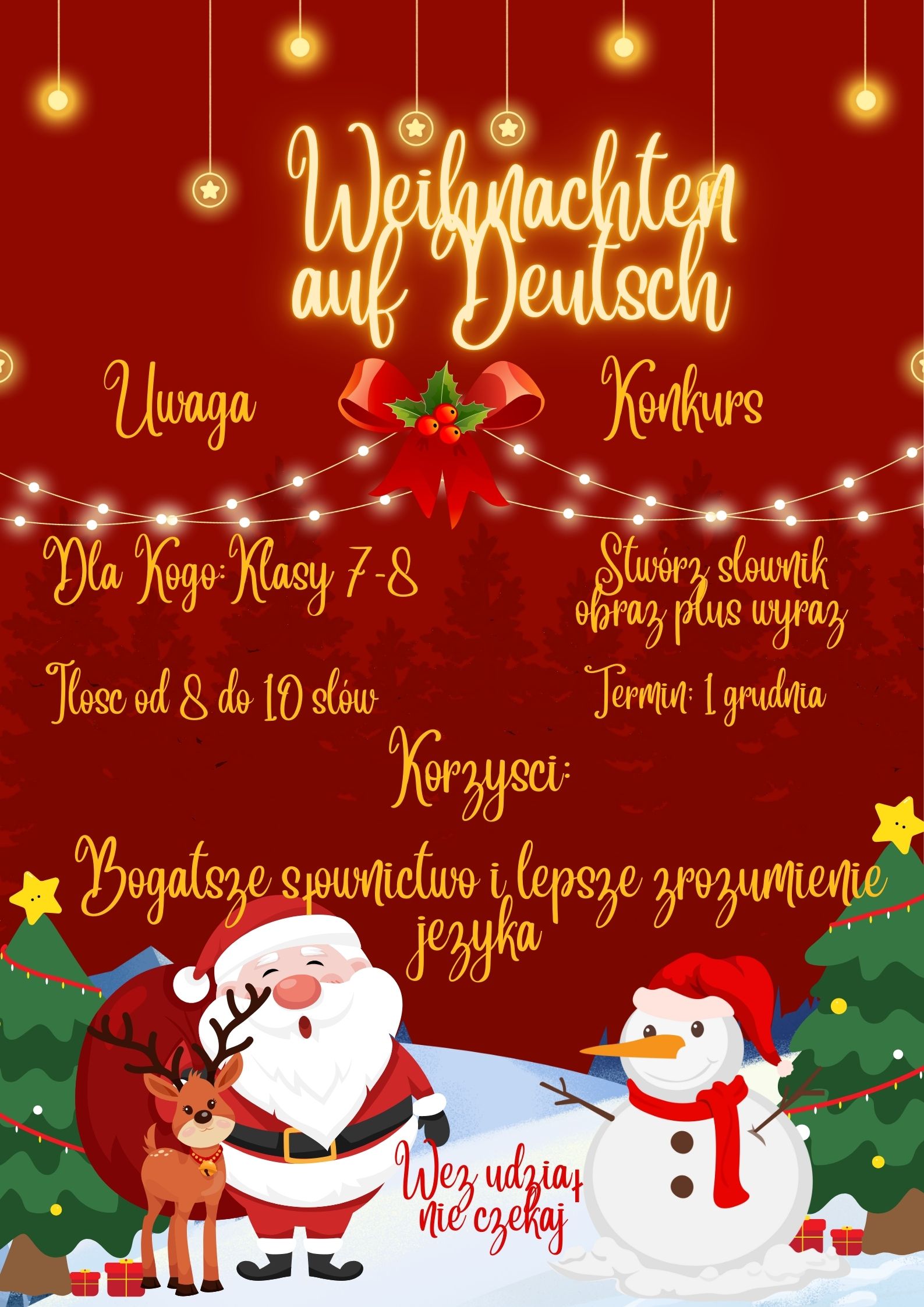 projekt zrobiony przez ucznia, część w języku niemieckim, po polsku napis: uwaga konkurs, stwórz słowo i opis